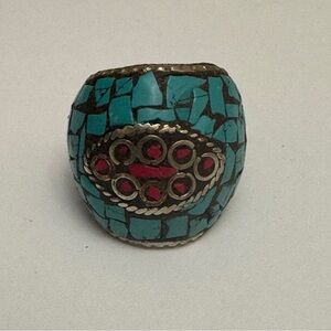 Lovely Turquoise & Coral Stone Unique Vintage Tibetan vintage brass Ring